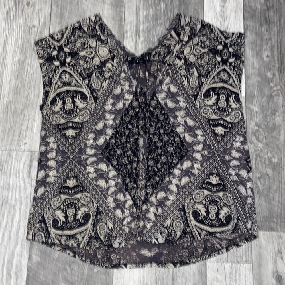 LUCKY BRAND Black & Sand Paisley BOHO Button Front Blouse